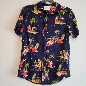 Free Planet Men's Santa Tropical Print Button Up Short, Size Small